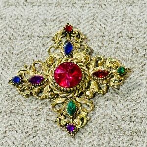 Vintage Ornate Gold Maltese Cross Brooch with Multicolor Gem Accents